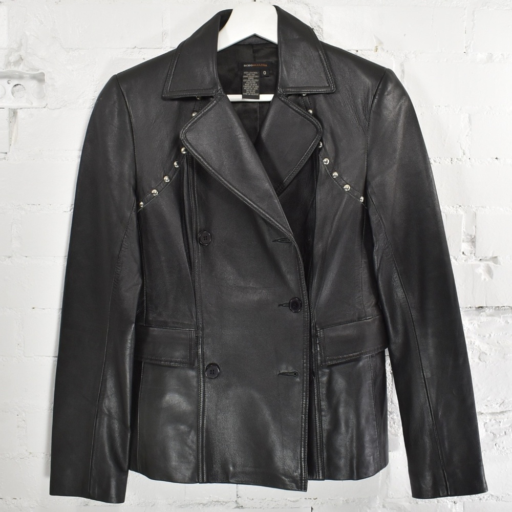 BCBG MaxAzria Studded Black Leather Jacket 0